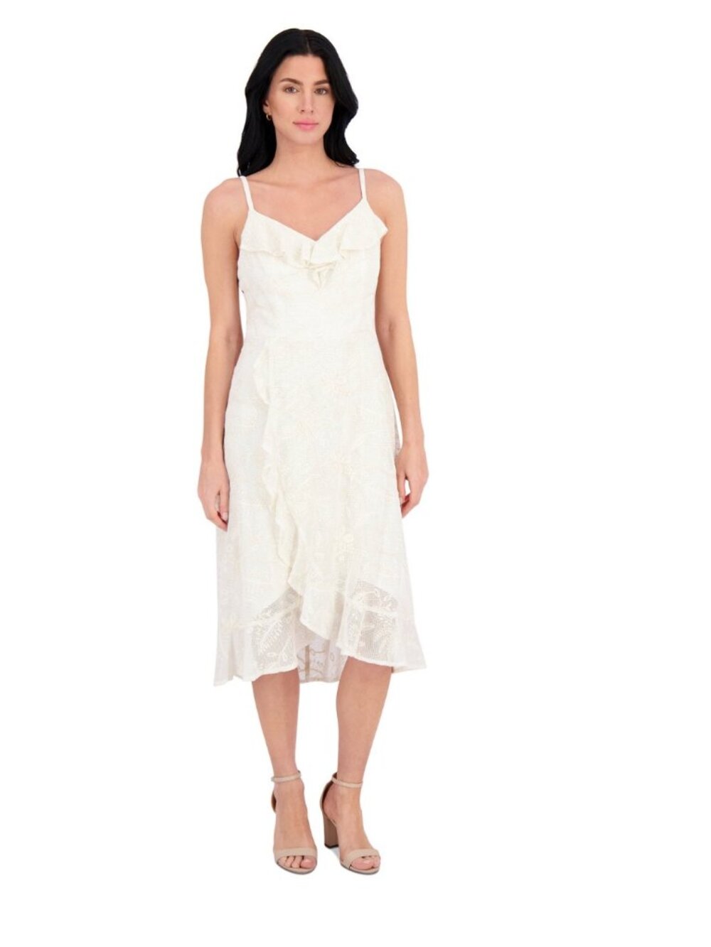 Kensie Womens Floral Lace Midi Dress With Ruffle Detail Adjustable Straps